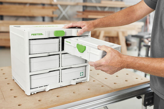 Festool Systainer³ Rack SYS3-RK/6 M 337 mit offener Schublade, Entnahme Mini-Systainer per Fingerdruck