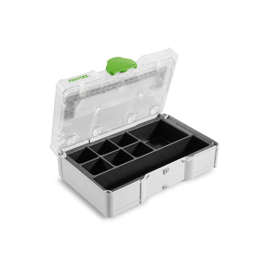 Festool Systainer³ SYS3 S 76 TRA UNI mit transparentem Deckel und schwarzer Universaleinlage für Kleinteile.