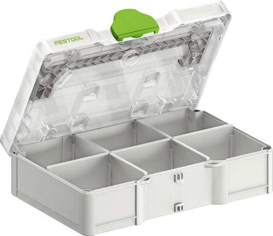 Festool Systainer³ SYS3 S 76 TRA mit transparentem Deckel und abnehmbaren Trennstegen, offene Ansicht mit vier Fächern