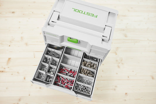 Festool Einsatzboxen 50x50/50x100x68-Set mit Sortierboxen, Schrauben, Nägeln und Dübeln in Systainer offen