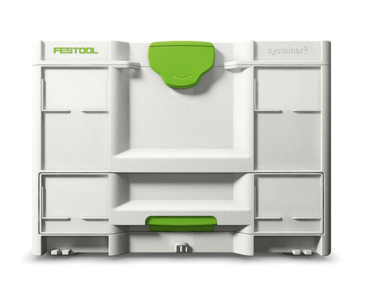 Festool Systainer³ SYS3-COMBI M 287 Frontansicht mit grünen Griffen und Schublade