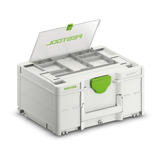 Festool Systainer³ SYS3 DF M 187 weiß mit grünem Deckel, geöffnet mit transparentem Deckelfach und flexiblen Trennstegen