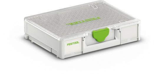 Festool Systainer³ Organizer SYS3 ORG M 89 mit transparentem Deckel und grünem T-LOC Verschluss, Ansicht von oben.
