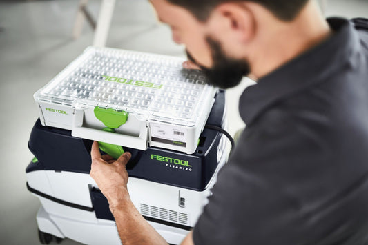 Festool Systainer³ Organizer mit transparentem Deckel und 22 Einsatzboxen in Anwendung