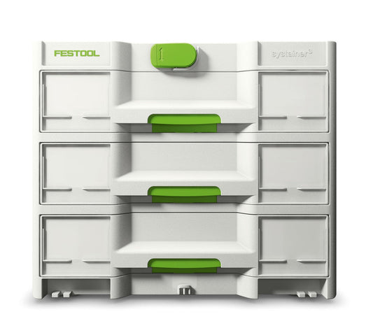 Festool Sortainer³ SYS3-SORT/3 M 337 Kleinteile-Organizer mit drei Schubladen und grünen Griffen, Frontansicht