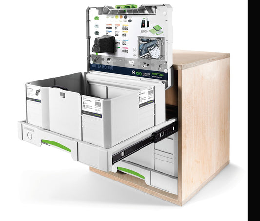 Festool Auszug SYS-AZ mit offener Schublade und Systainer-Regalsystem, Vollauszug für Werkstattwagen