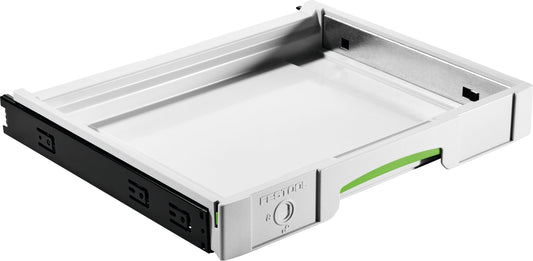 Festool Auszug SYS-AZ Systainer-Regal mit Vollauszug und grüner Griffleiste, weiß-schwarzes Design