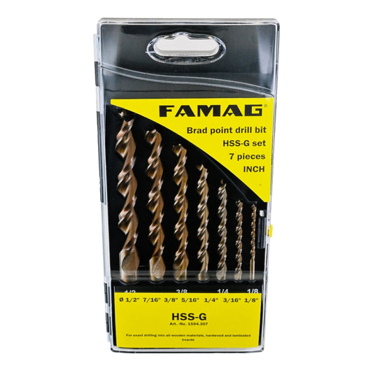 FAMAG Holzspiralbohrersatz HSS-G 1594 mit 7 Spiralbohrern in Kunststoffkassette, Zoll-Ausführung