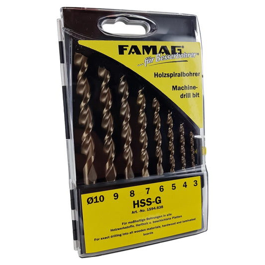 FAMAG Holzspiralbohrersatz HSS-G 1594 mit 8 Spiralbohrern in Kunststoffkassette, Durchmesser Ø3-10mm
