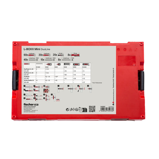 fischer L-BOXX mini DuoLine Dübelsortiment mit 181 Teilen, Übersicht Inhalt und Anwendungstabelle