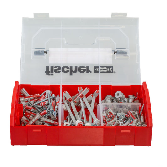 fischer L-BOXX mini DuoLine Dübelsortiment mit 181 Teilen, rote Kunststoffbox offen, gefüllt mit Dübeln und Schrauben
