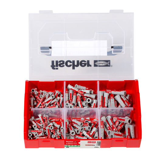fischer L-Boxx mini DuoPower 210-teilig mit sortierten Dübeln und Montagebox geöffnet