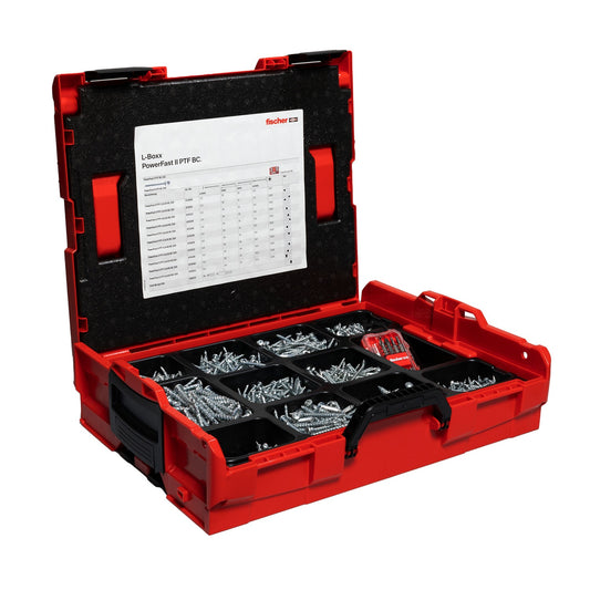 Offene L-BOXX mit 1801 PowerFast II Schrauben und ProfiBit Set – sortiert nach Abmessung