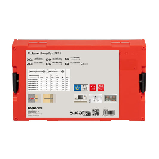 fischer FIXtainer PowerFast FPF II Schraubenbox 702-tlg, rot, Draufsicht mit Lieferumfang und Spezifikationen