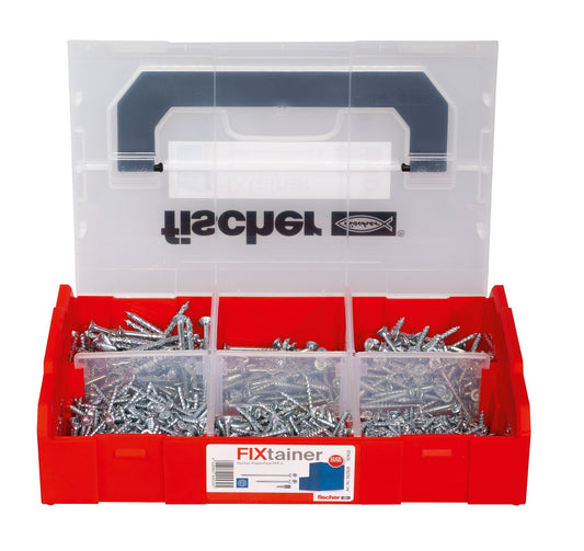 fischer FIXtainer PowerFast II SK Sortiment mit Spanplattenschrauben in roter Kunststoffbox, offen mit transparentem Deckel