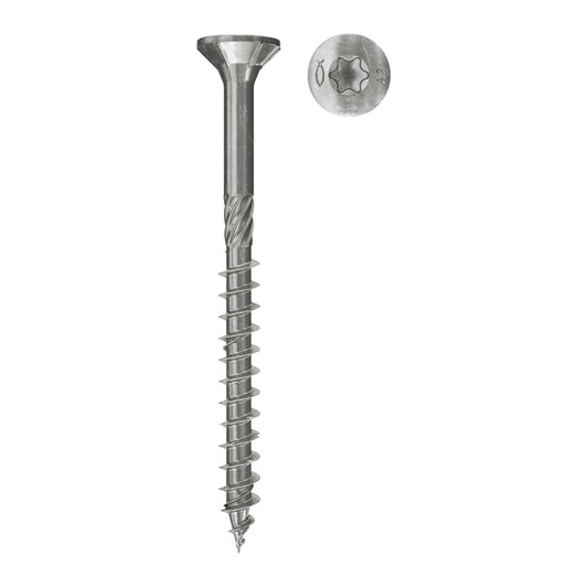 fischer PowerFast FPF-ST P A4 Spanplattenschraube mit Senkkopf, TX-Antrieb und Detailansicht des Schraubenkopfs.