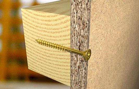 fischer PowerFast Spanplattenschraube mit Senkkopf und TX-Antrieb in Spanplatte und OSB-Platte verschraubt