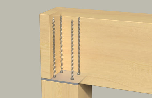 Holzbau mit fischer Vollgewindeschrauben PowerFull II CHTF BC – senkrechte Schraubverbindung durch Stahlblechlasche für sichere und kraftschlüssige Holzkonstruktionen.