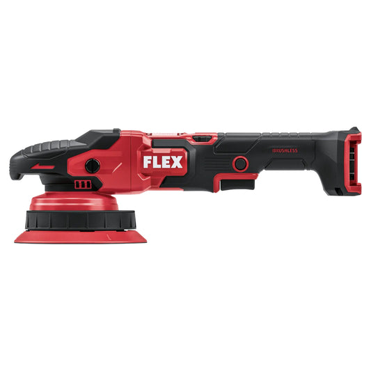 FLEX XFE 2 15 18-EC Akku-Exzenterpoliermaschine rot-schwarz mit Polierteller, Seitenansicht.