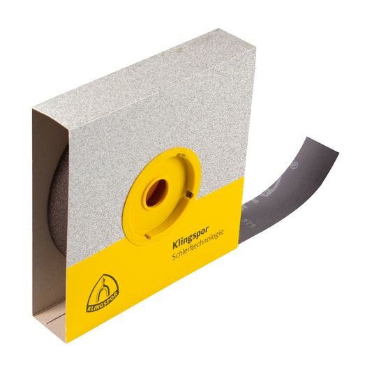 Klingspor KL 385 JF Schleifgeweberolle schmal in Abrollbox - Schleiftitan.de.