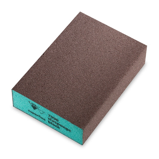 Sia 7991 siasponge block soft Schleifschwamm weich in Braun mit türkiser Beschriftungsseite, Schrägansicht.